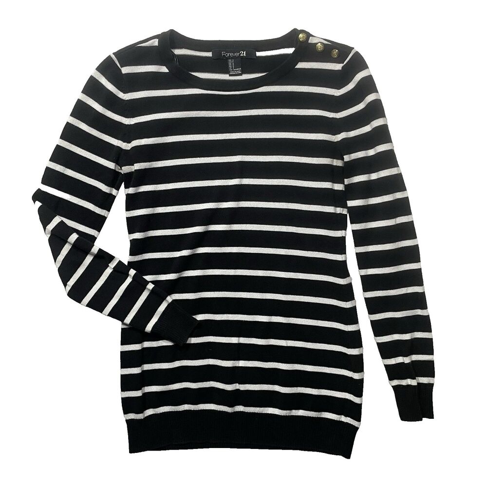 Forever 21 Striped Pullover Sweater Black White Crewneck Gold Button Long Sleeve